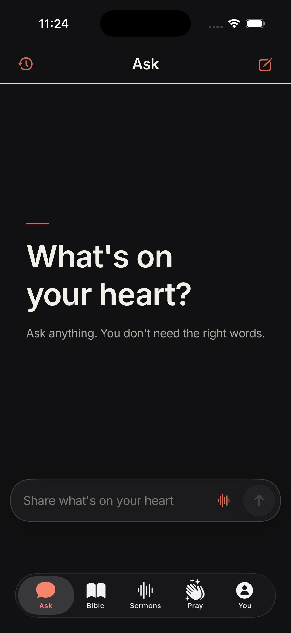 Lumin Ask in dark mode, with the same quiet question-led interface.