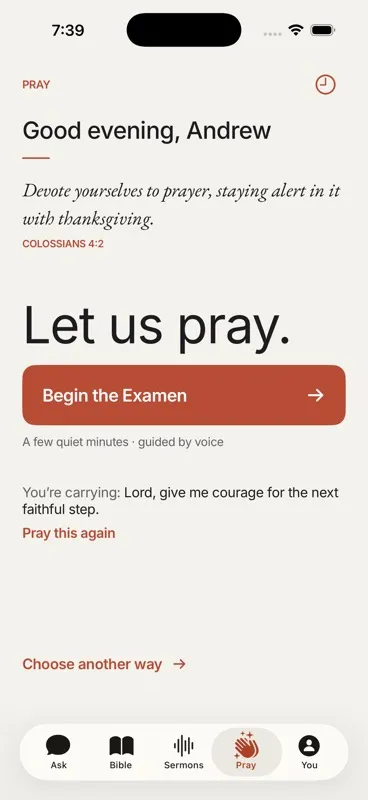 Lumin Pray screen: move from reflection into a quiet spoken prayer.