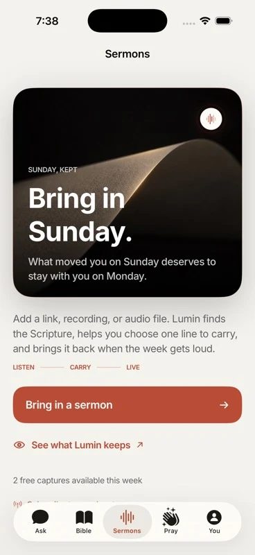 The Lumin sermon companion showing a sermon digest, its Scripture, and a question prompt.