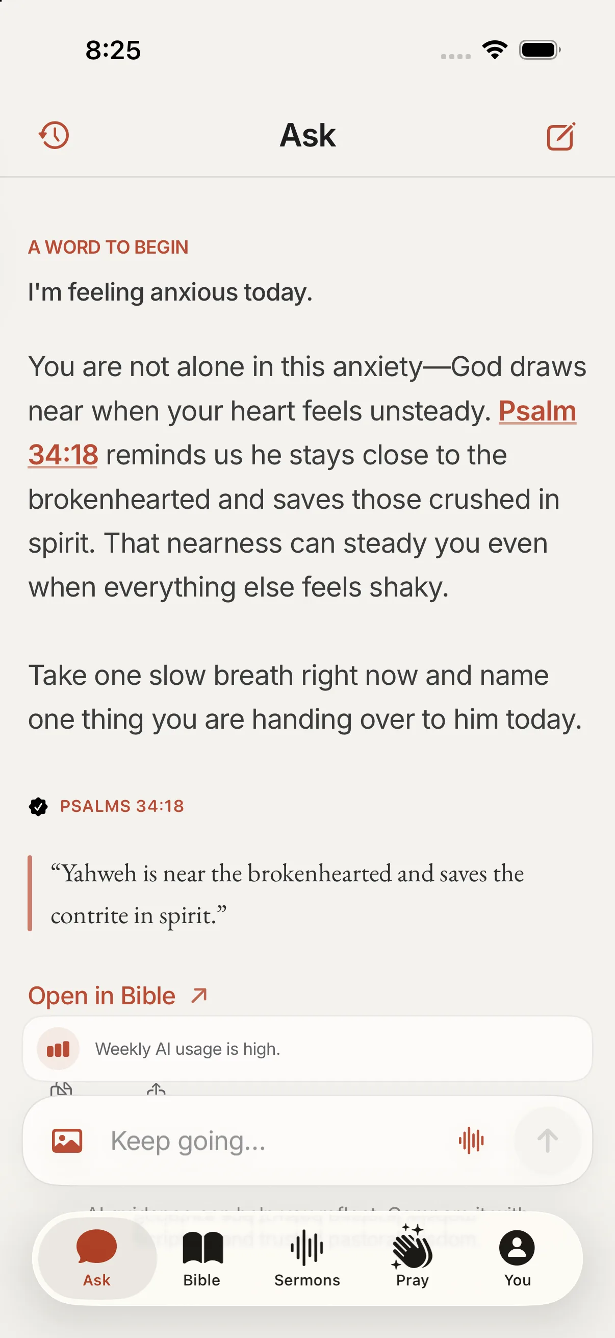 Ask thread. Feeling anxious today, with Psalm 34:18 cited and Open in Bible.