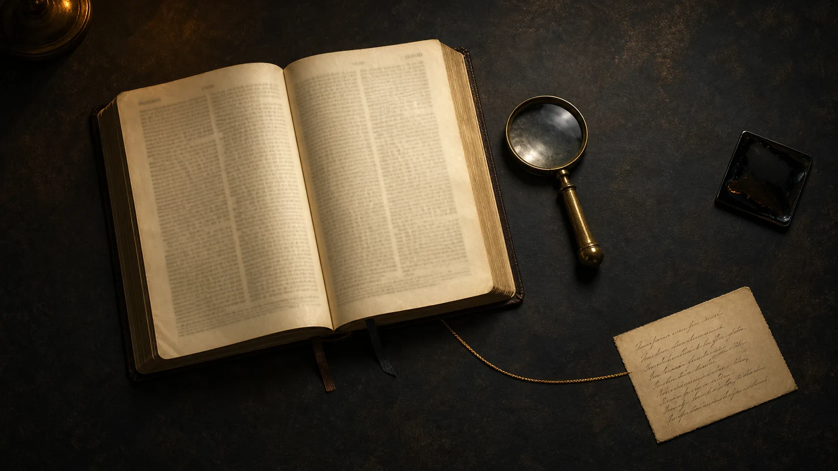An open Bible, a magnifying lens, a notebook, and a fine gold thread on a midnight table.