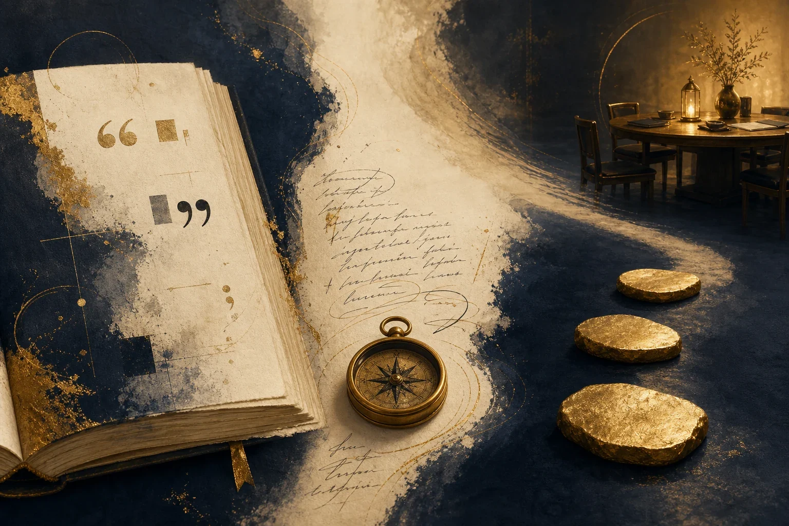 An editorial still life moving from an open page and quoted sources, through a compass, toward stepping stones and a shared table.