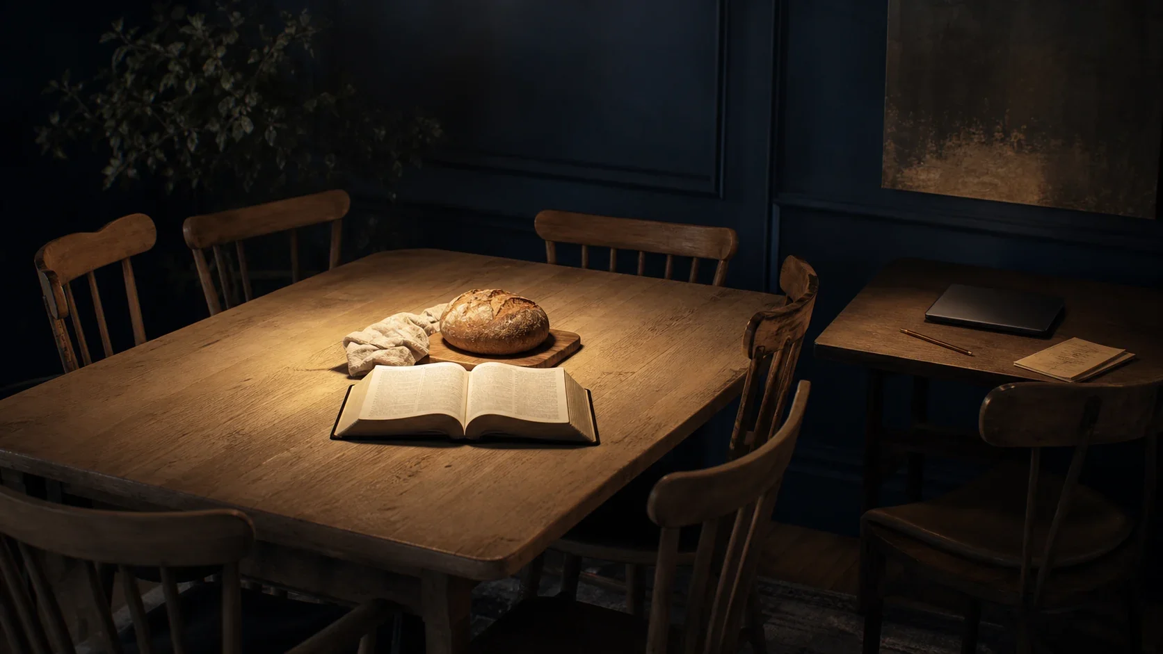 An open Bible and bread on a warmly lit communal table, with a closed laptop resting on a smaller side desk.